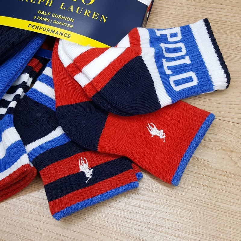 POLO RALPH LAUREN Quarter Ankle Socks Mens Red White Blue USA 6-Pack Performance