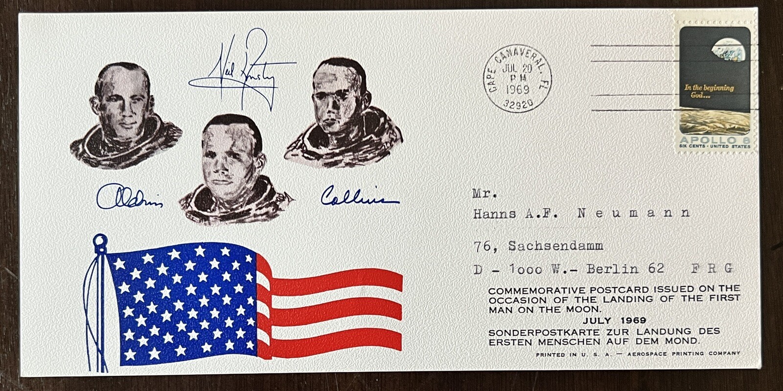 1969 AUTO-SIGNED ALDRIN ARMSTRONG COLLINS POSTCARD THE 1ST MAN ON MOON TO BERLIN