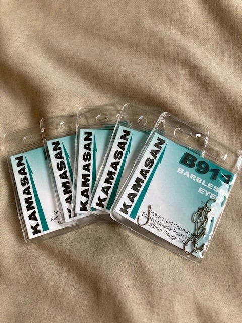 Five packets of Kamasan B911 Barbless Eyed Hooks