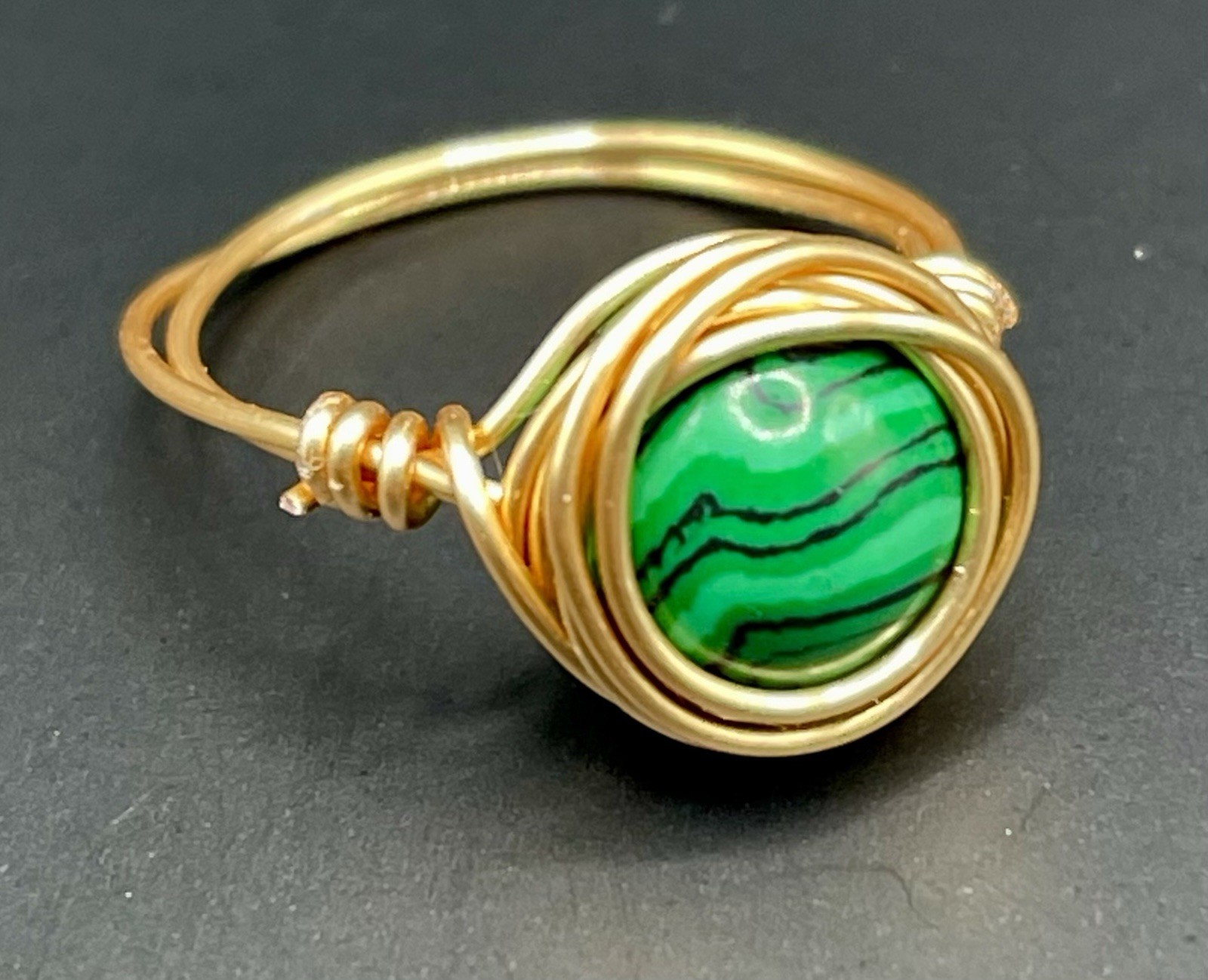 Wire Wrapped Green Agate Ring.  Size 8.  Gold Wire.