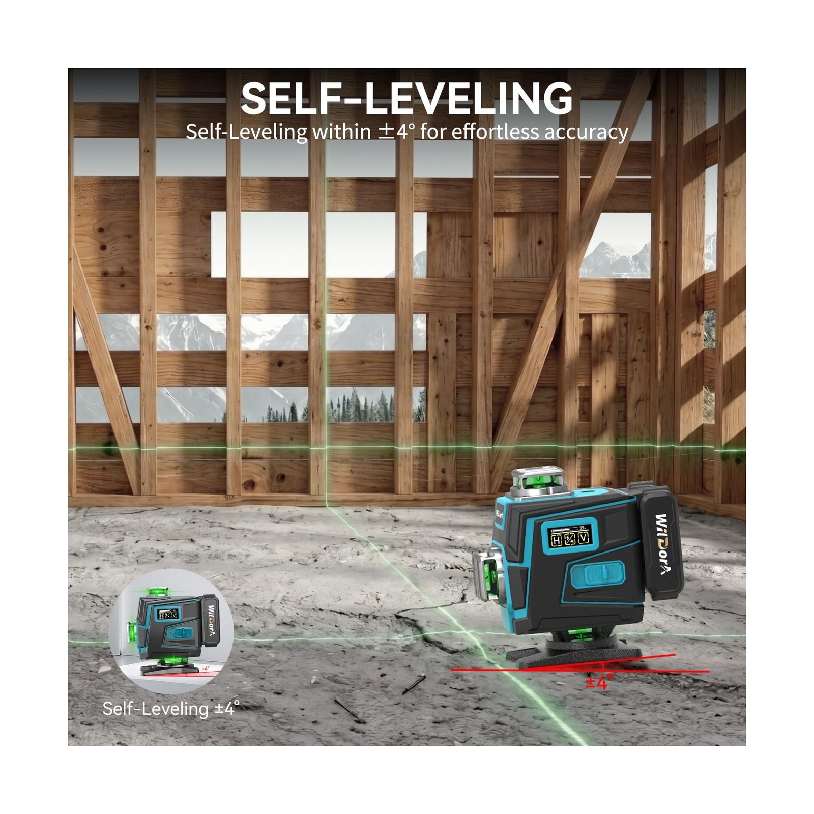 Laser Level with Tripod, 4x360° Self Leveling ±4° Laser Level, Re