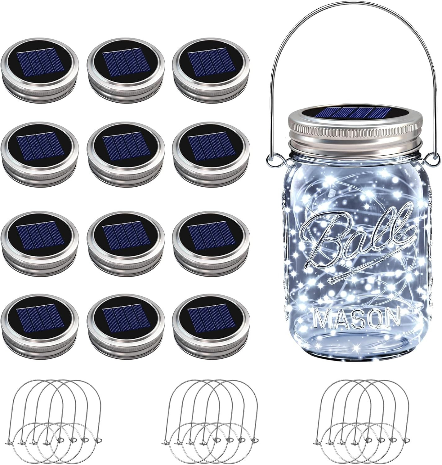 12 Pack Solar Mason Jar Lights, 30 LED Mason Jar Lids Waterproof Firefly Fairy S