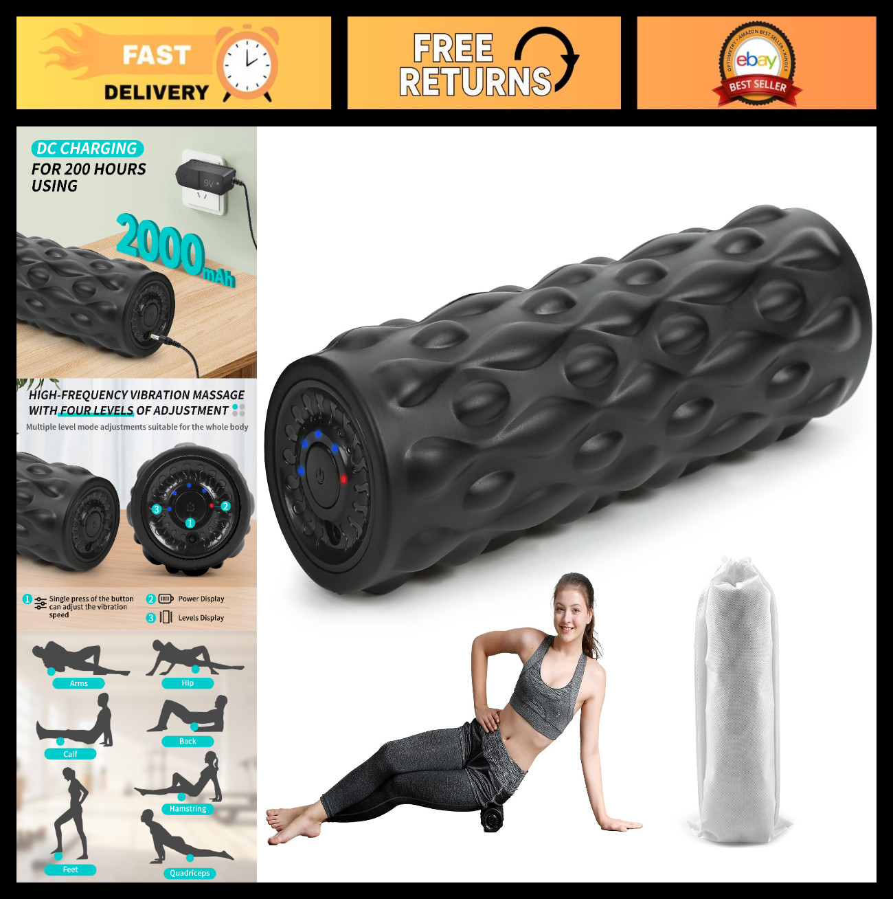 High-Density Vibrating Foam Roller - 4 Speeds for Deep Tissue Massage & Muscle R