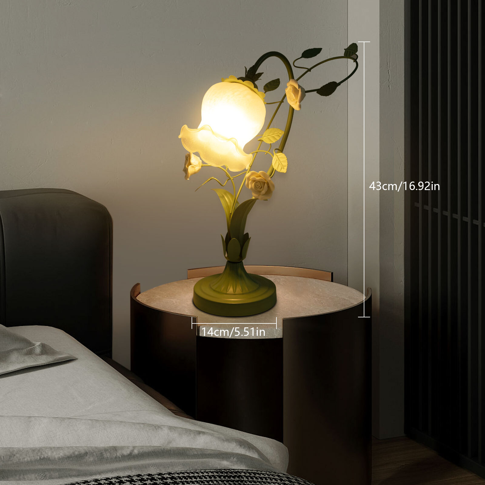 Elegant Glass Table Lamp Light Roses Flower Glass Lampshade Green & White 60W