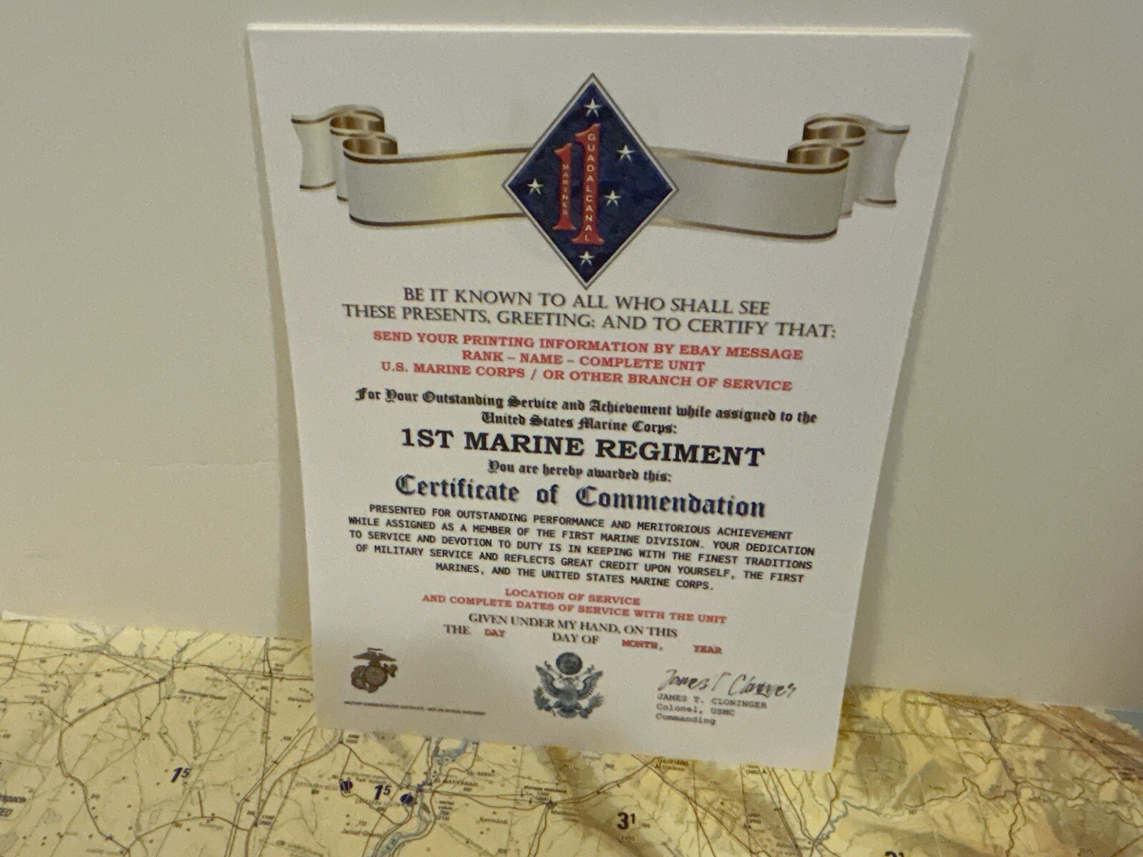 U.S. MARINE CORPS / 1ST MARINE REGIMENT (1 MARDIV) - CERTIFICATE OF COMMENDATION