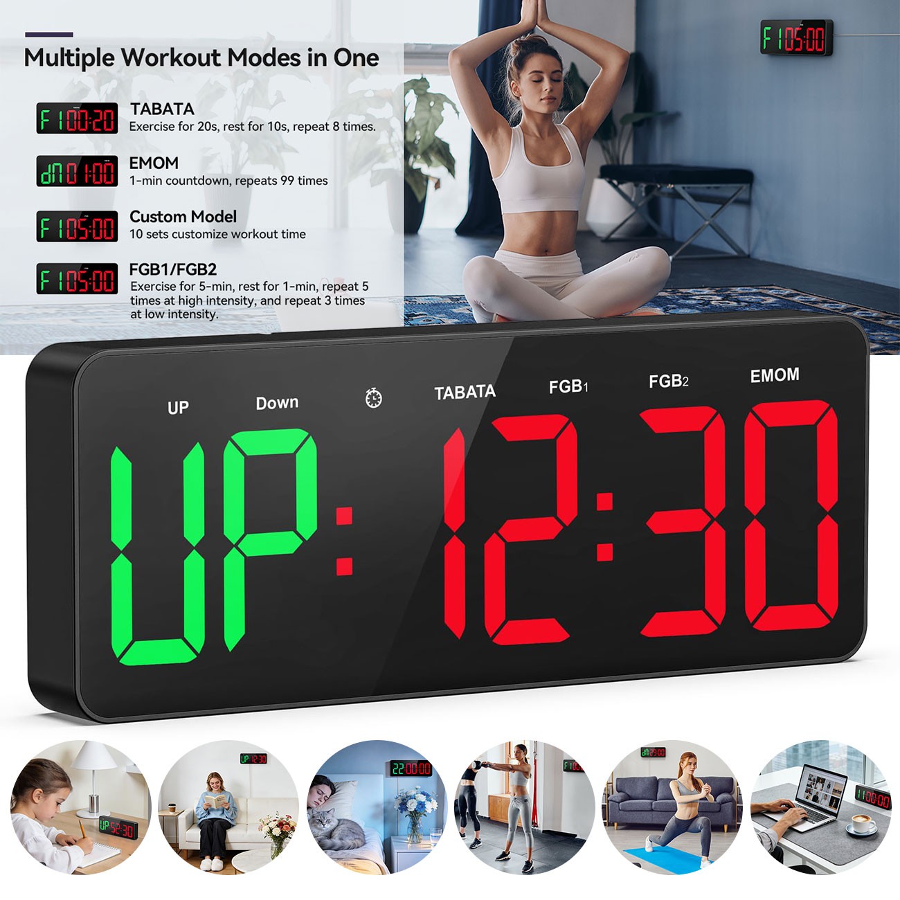 12" LED Digital Gym Interval Timer Clock Wall Mounted Kitchen Timer For Cooking