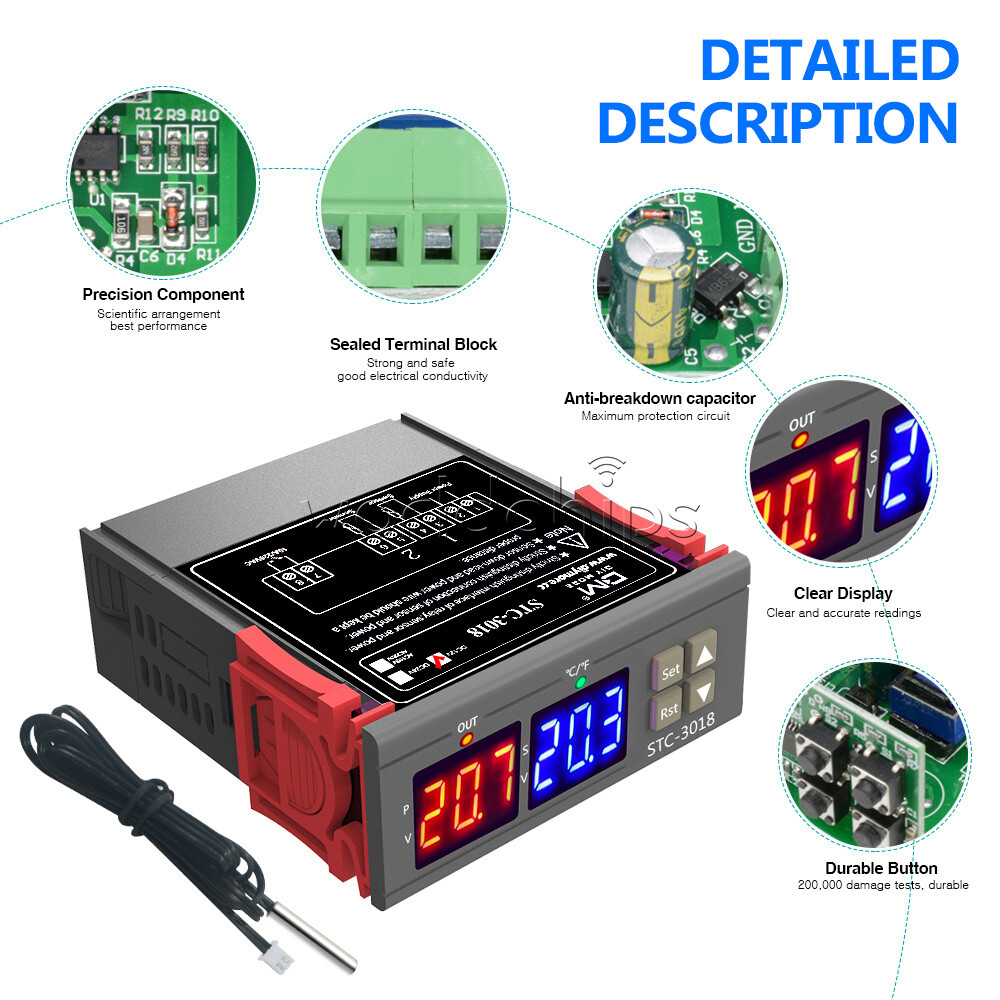 STC-3018 DC 12V Dual LED Display Temperature Controller Sensor Probe Thermostat