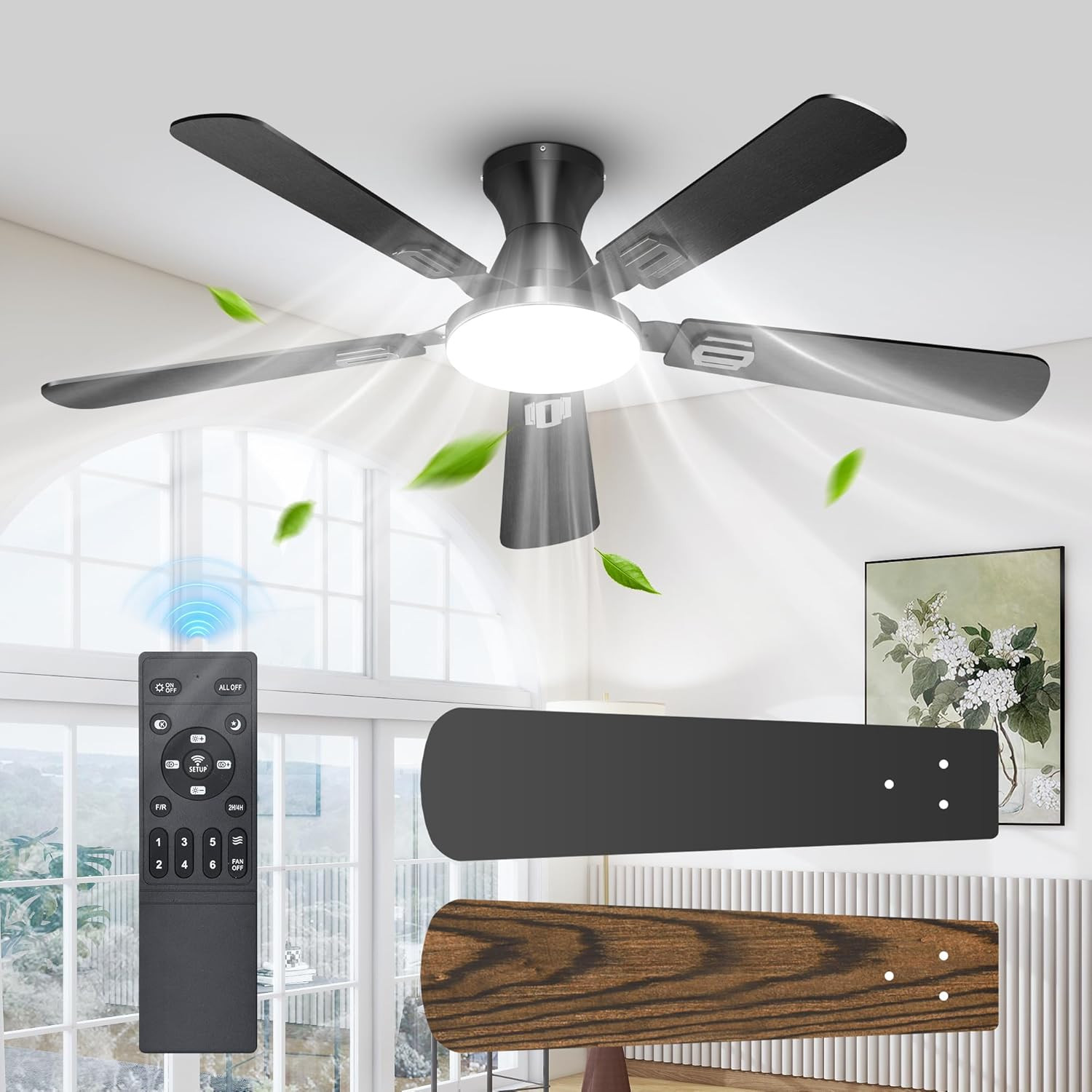 52" Ceiling Fan with Lights & Remote, 6 Blades Low Profile Ceiling Fan, Quiet DC