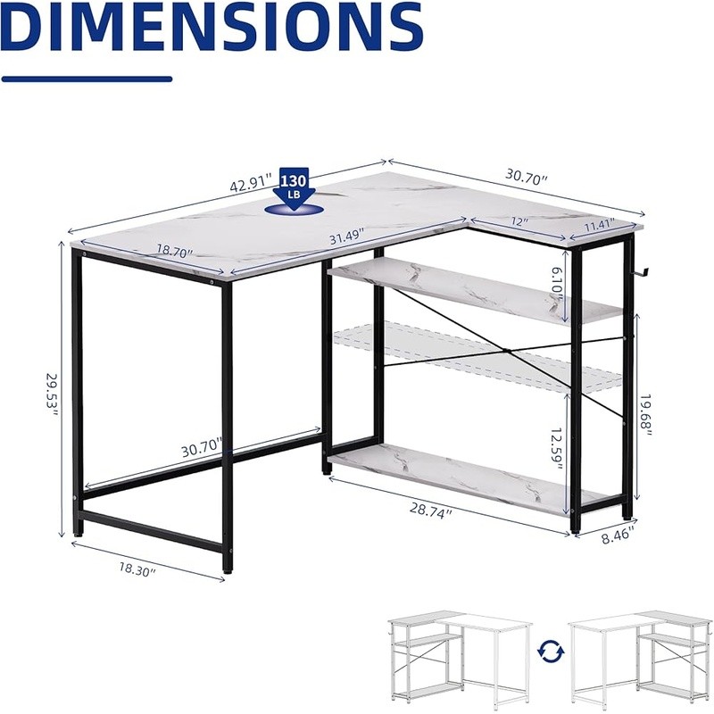 L-Shaped Computer Desk W/ Reversible Shelves Ample Storage Home Office Gaming US