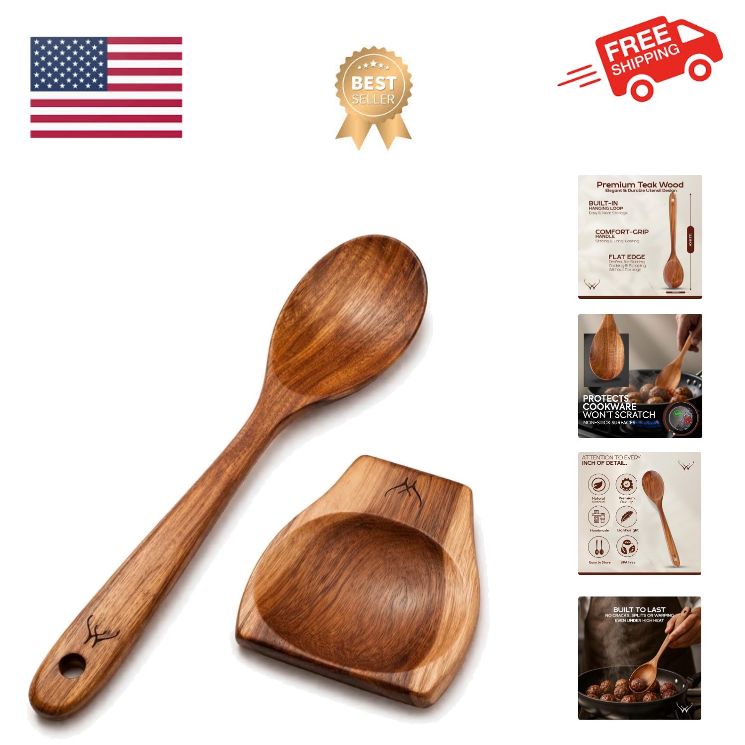 Teak Wooden Spoon for Cooking With Teak Spoon Rest - Made of  Natural Teak Wood