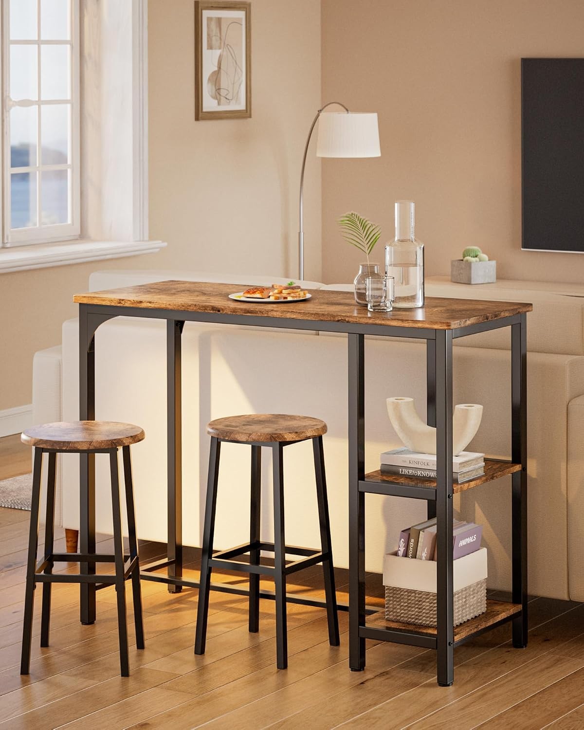 3-Piece Bar Table Set 2 Bar Height Table W/ Stools & 2 Storage Shelves Small Bar