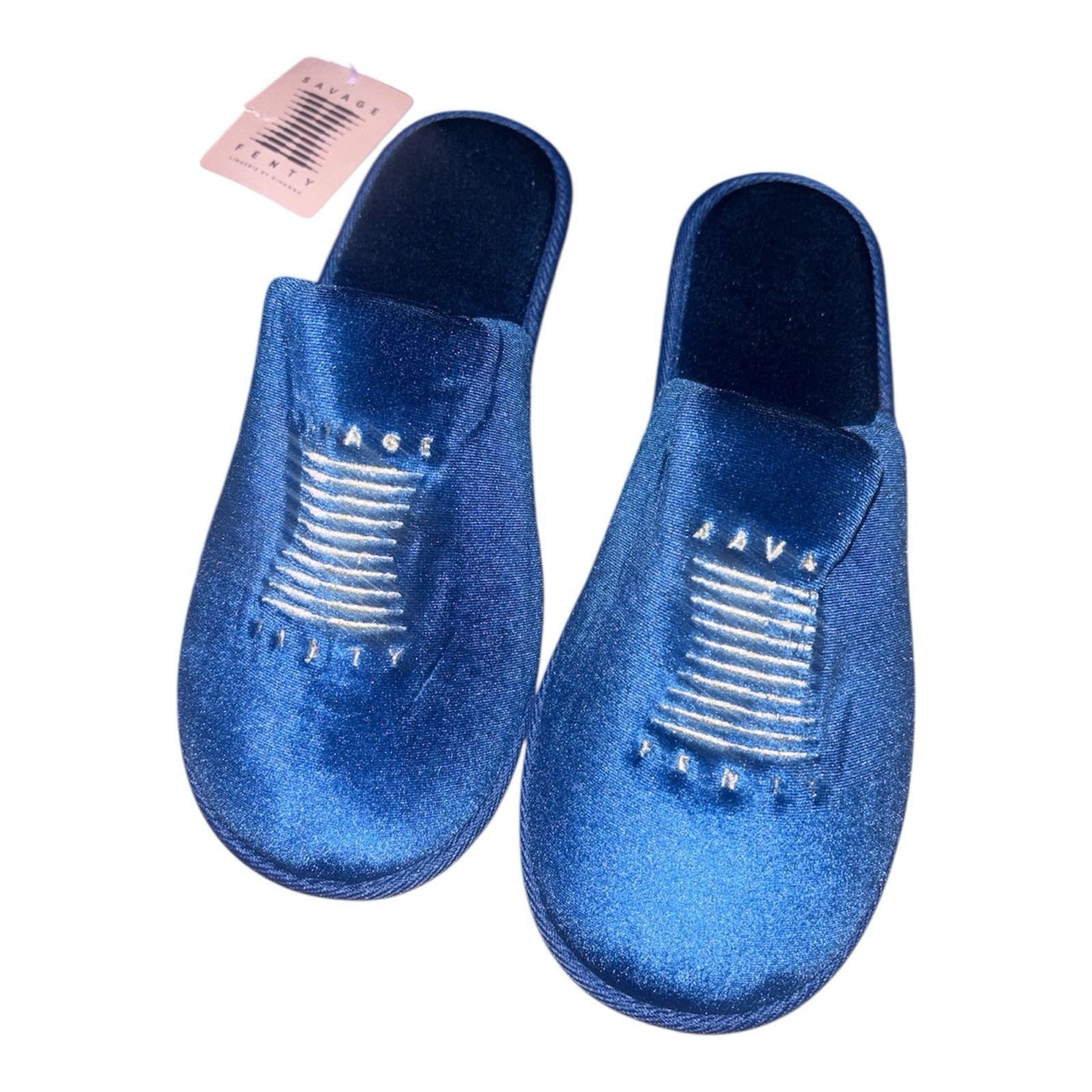 Savage X Fenty Luxe Velvet Slippers Navy Blue Size 12 Large w/ Dust Bag New