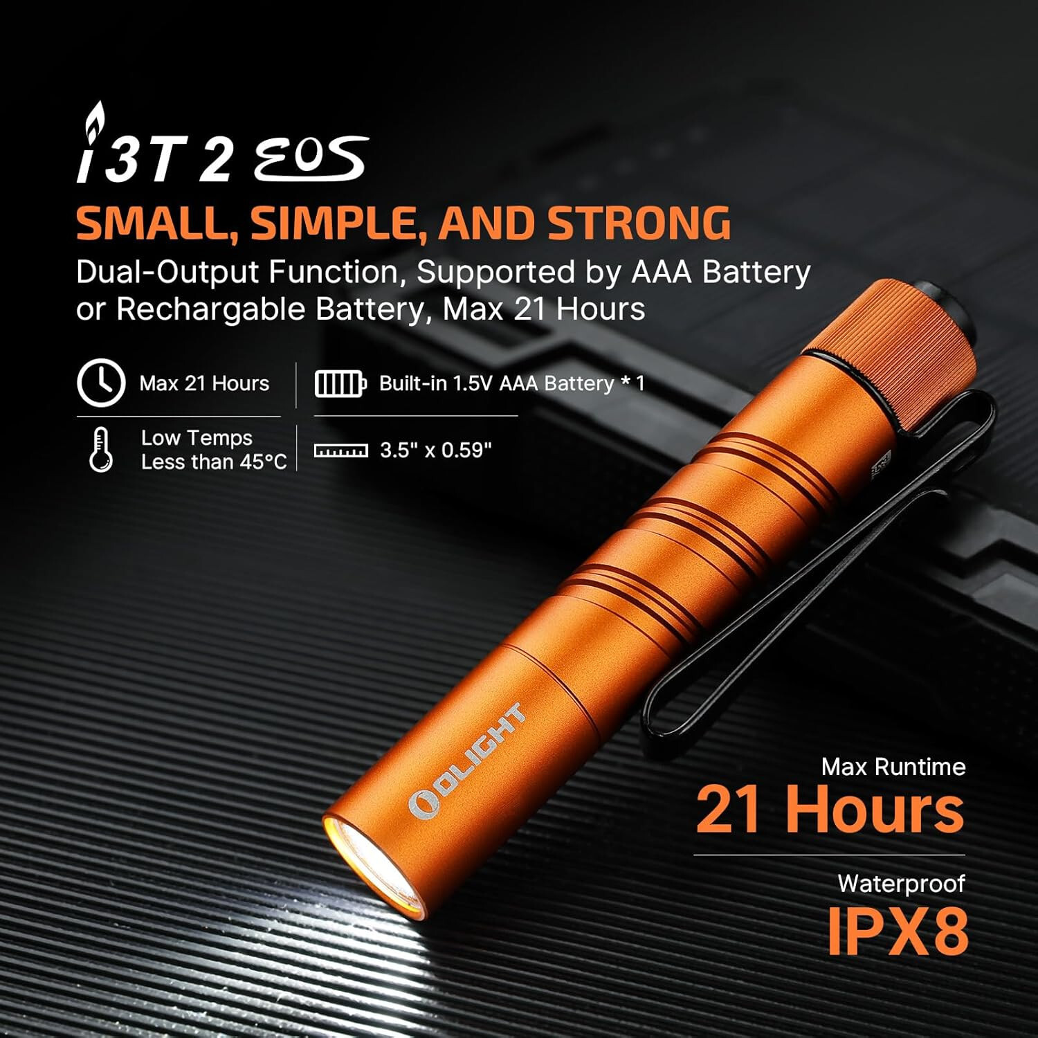 Olight I3T 2 EOS Orange Dual-Output Tail Switch Flashlight, 200/300 Lumens