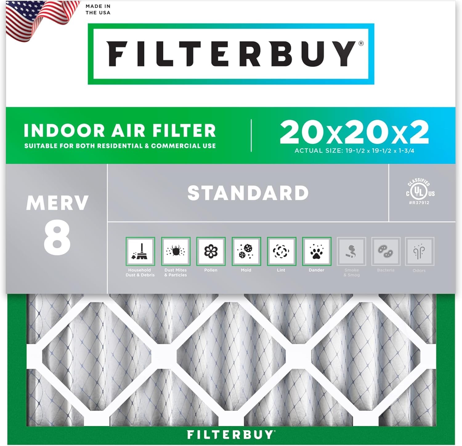 Filterbuy 20x20x2 Pleated Air Filters, Replacement for HVAC AC Furnace (MERV 8)