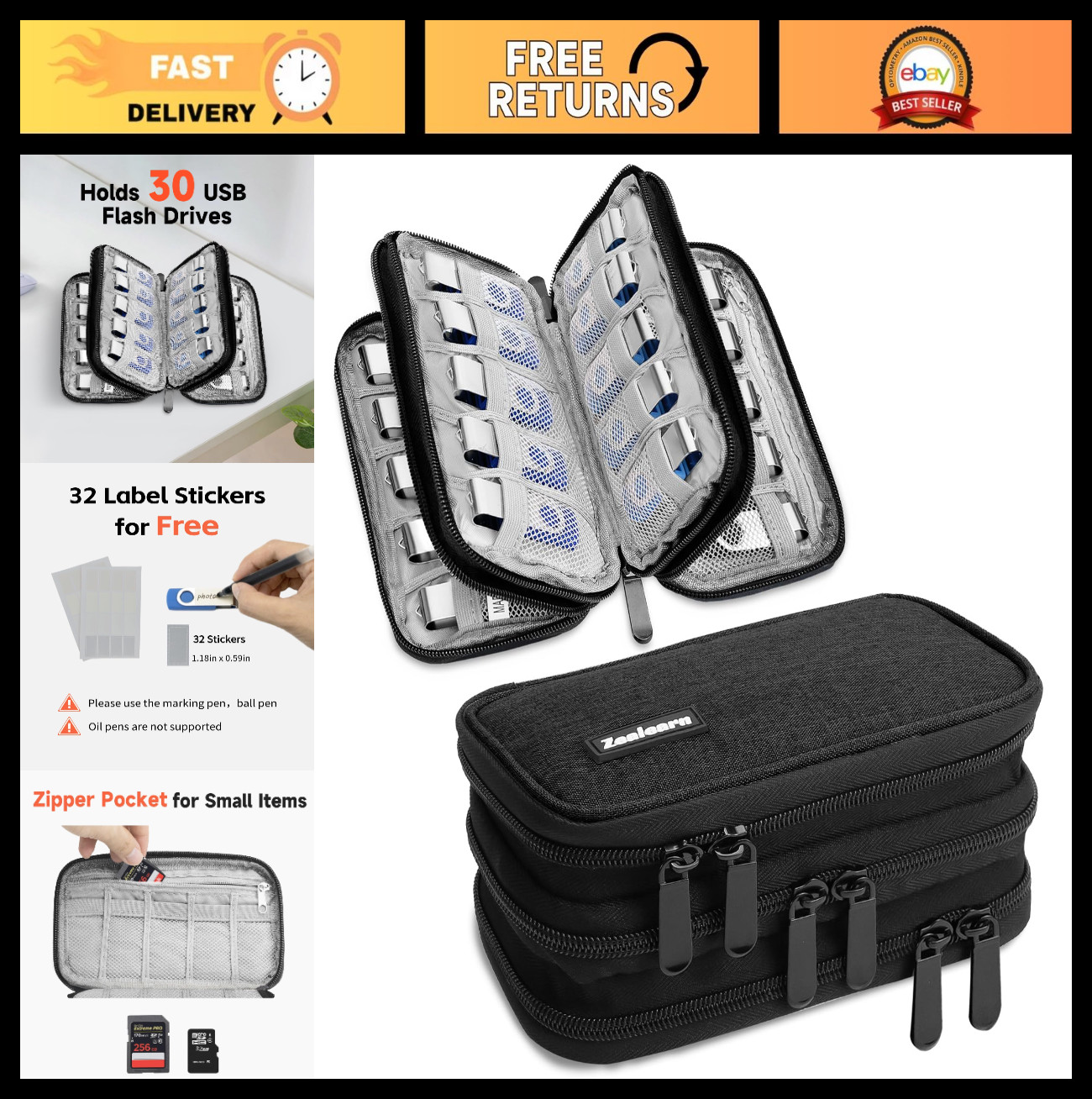USB Flash Drive Case Organizer - Holds 30 USBs, Storage & Labeling, Black