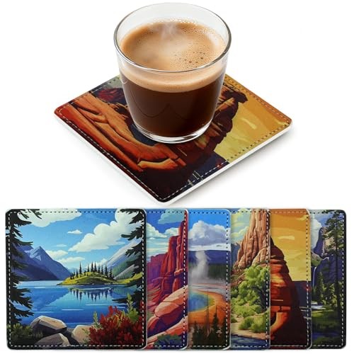 Coasters Square Leather Drinks Set with Holder - One Size - National Parks