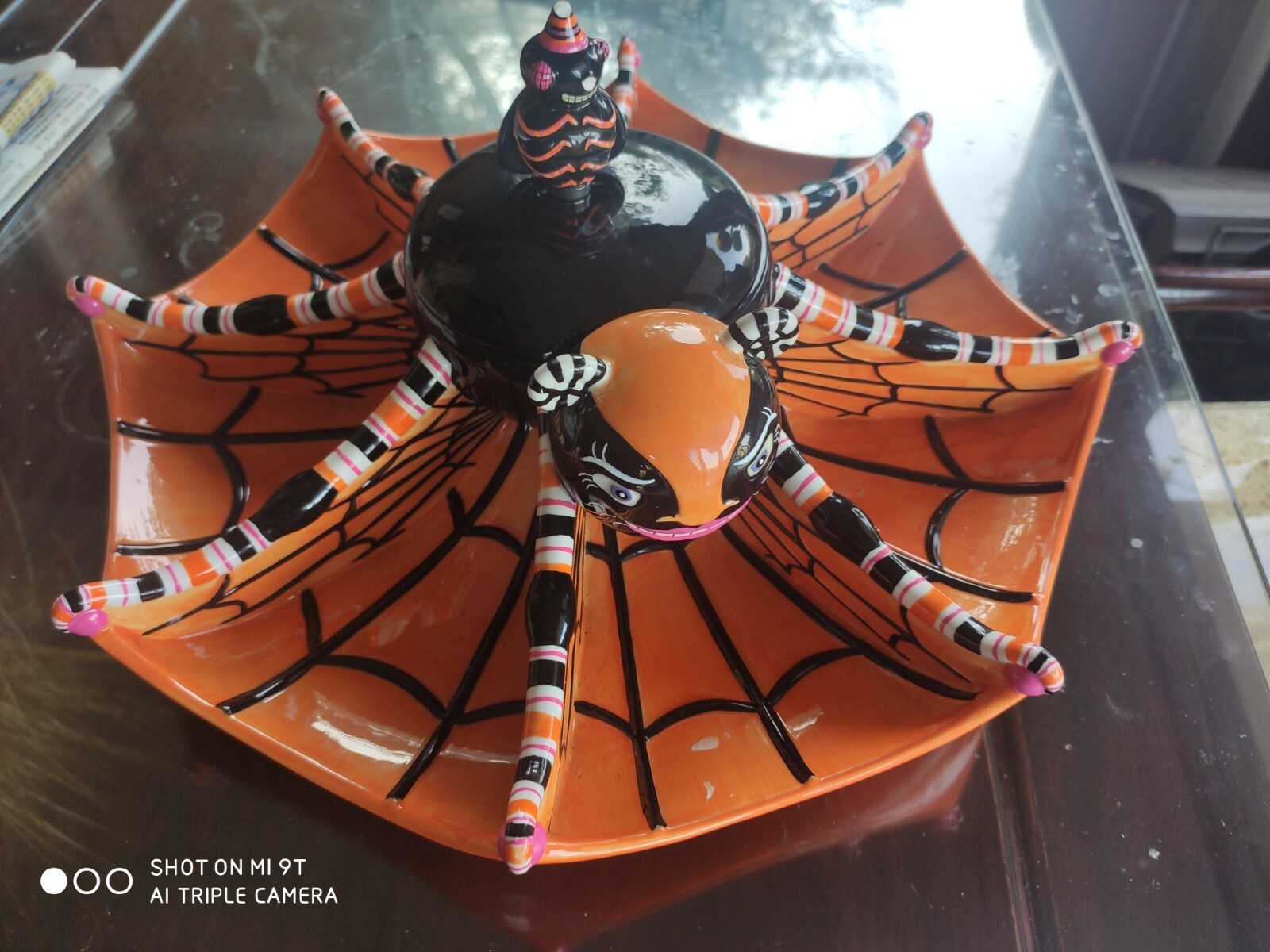 14" Dept 56 Glitterville Halloween Spider  Round Fly Chip Dip Platter Dish bowl