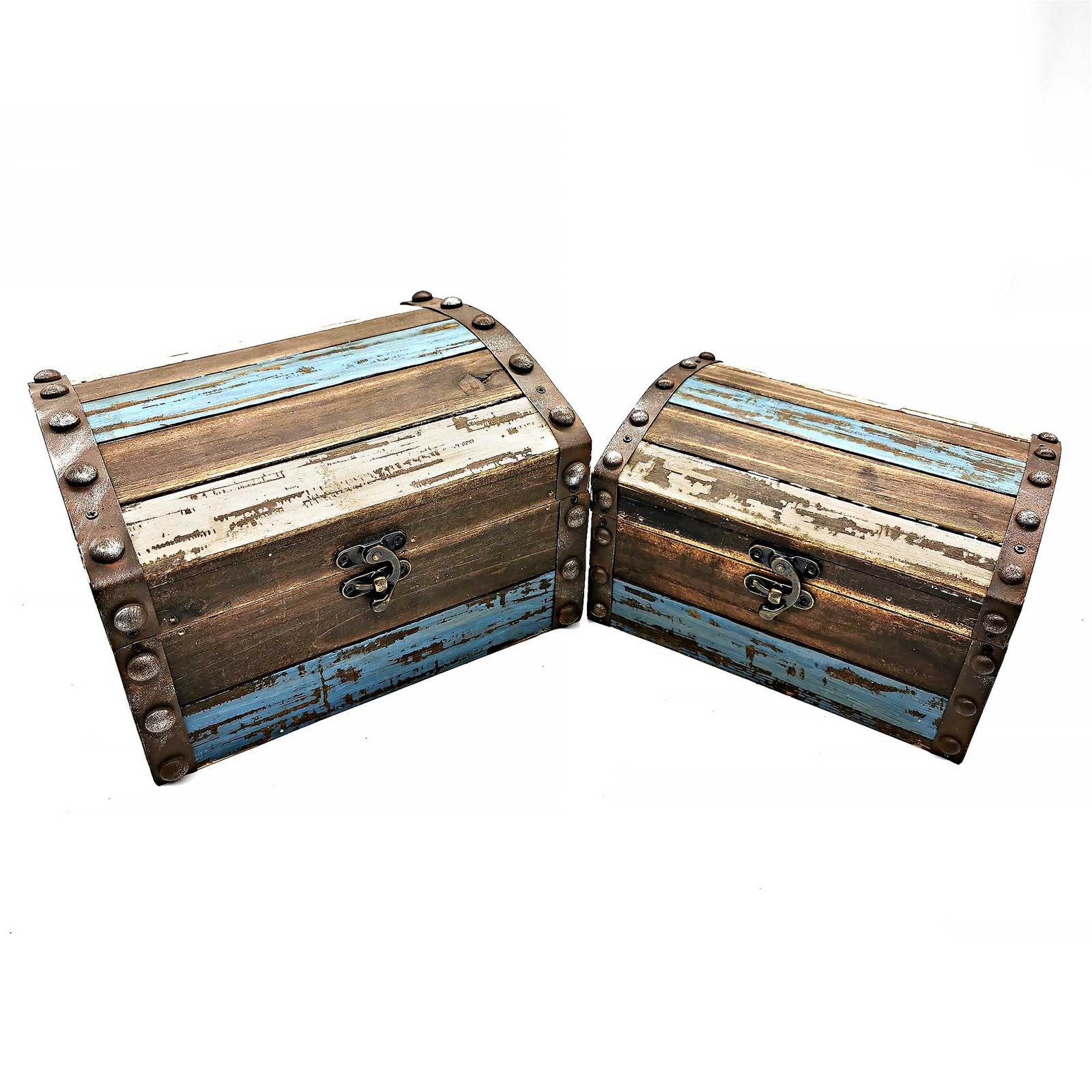 Set Of 2 Nautical Look Weathered Boards With Metal Accents Decorative Chests
