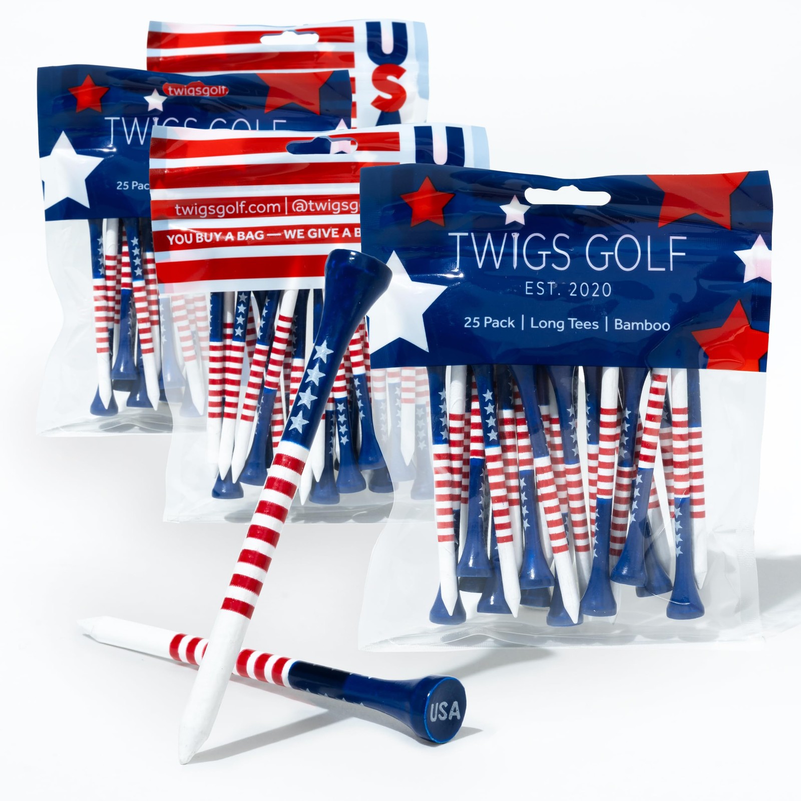 Twigs Golf Tees, Long Bamboo 100 Count, 3-1/4 inch, Red/White/Blue
