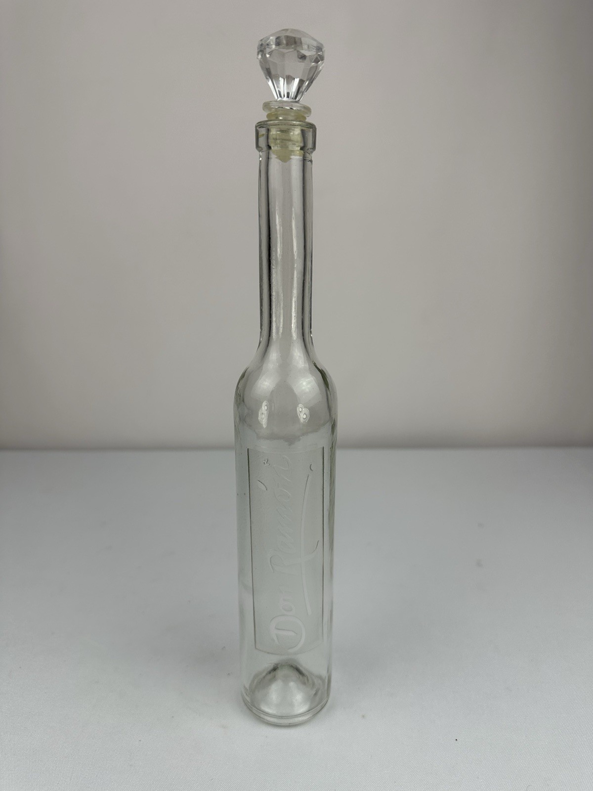 Don Ramon Etched Decanter Bottle Tall Thin With Faux Diamond Stopper 12” Tall