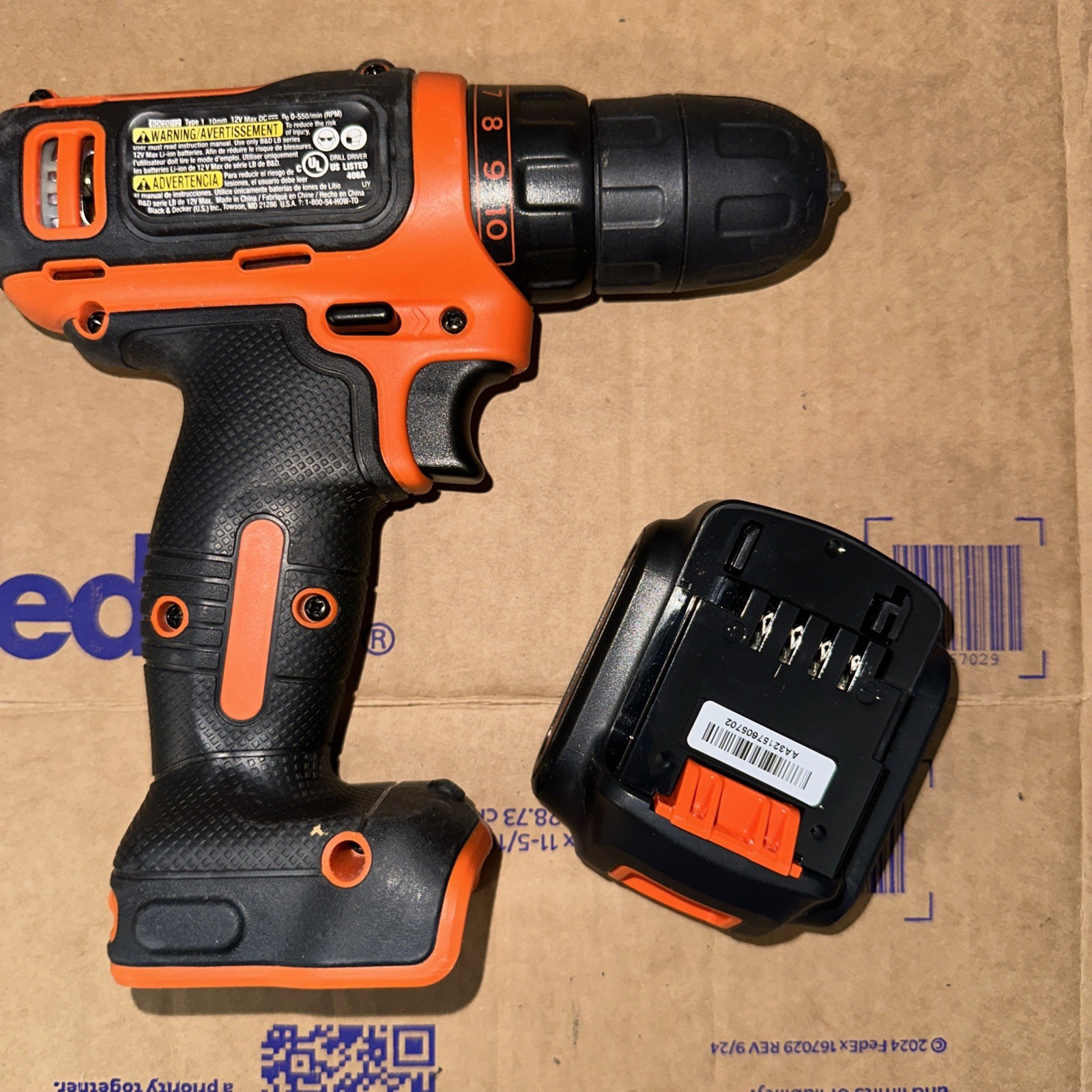 Black + Decker 12V Drill BDCDD12 Bare Drill with Battery no charger