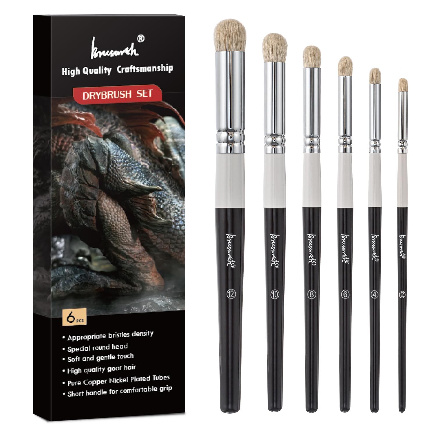 Drybrush Set-Hobby Detail Paint Brush Set, 6 Sizes Goat Hair Acrylic Paint Br...
