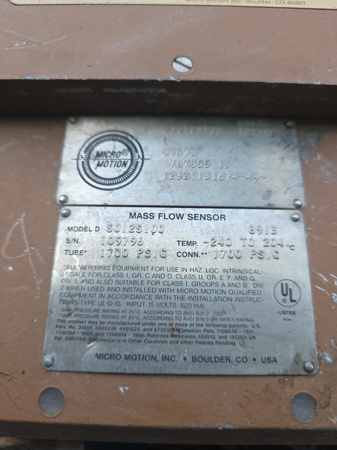 MicroMotion Mass Flow Sensor DS012S100