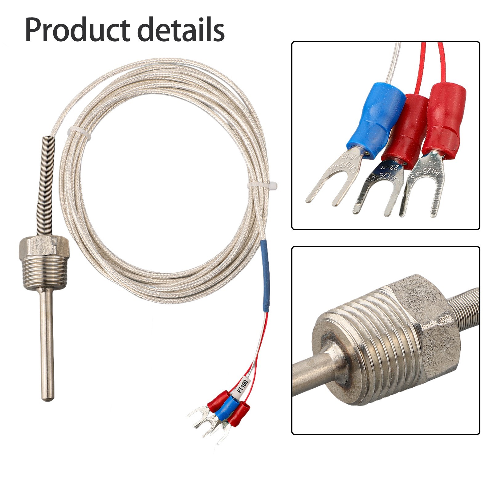 Pt100 Temperature Sensor Probe with Insulated Thread 3 Wires 50mm Length