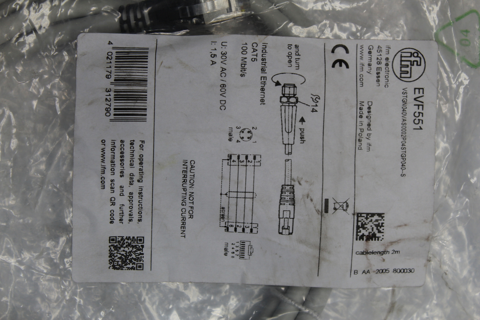 IFM EFECTOR EVF551 CORDSET NSMP