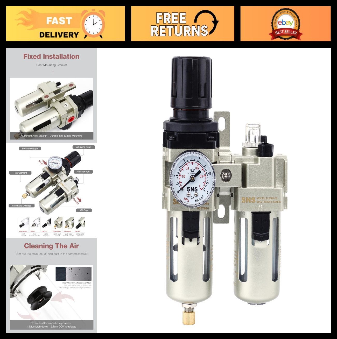 1/4" NPT Air Filter Regulator Lubricator Combo - Water/Oil Trap, Semi-Auto Drain
