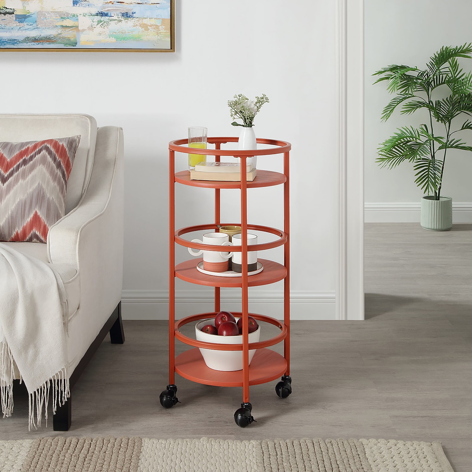 32" 3-Tier Rolling Round Kitchen Storage Bar Cart, Red