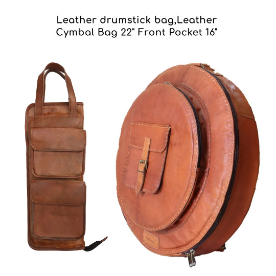 Leather Cymbal Bag Padded Backpack 22" and Leather Drum Stick Bag Set of 2 Bags