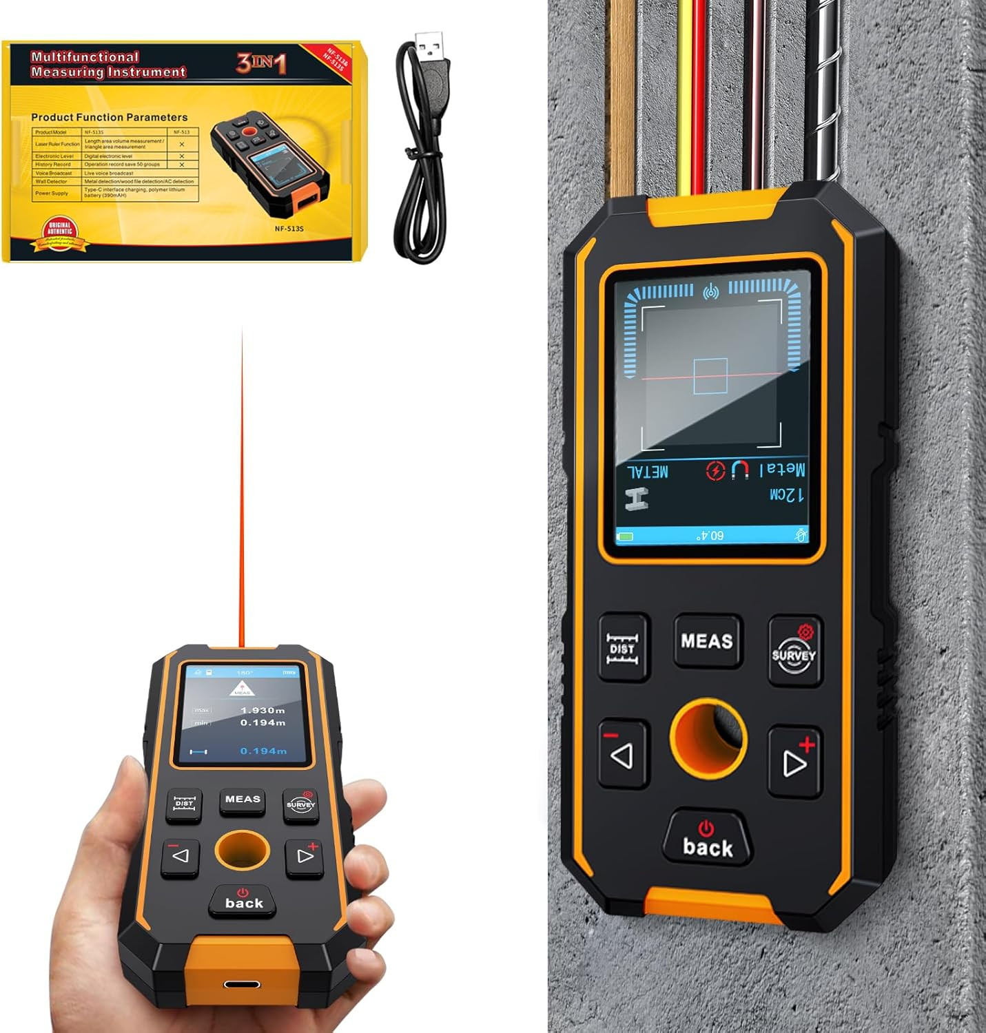 Stud Finder Wall Scanner - with Laser Distance Meter & Digital Level, 5 in 1 Rec