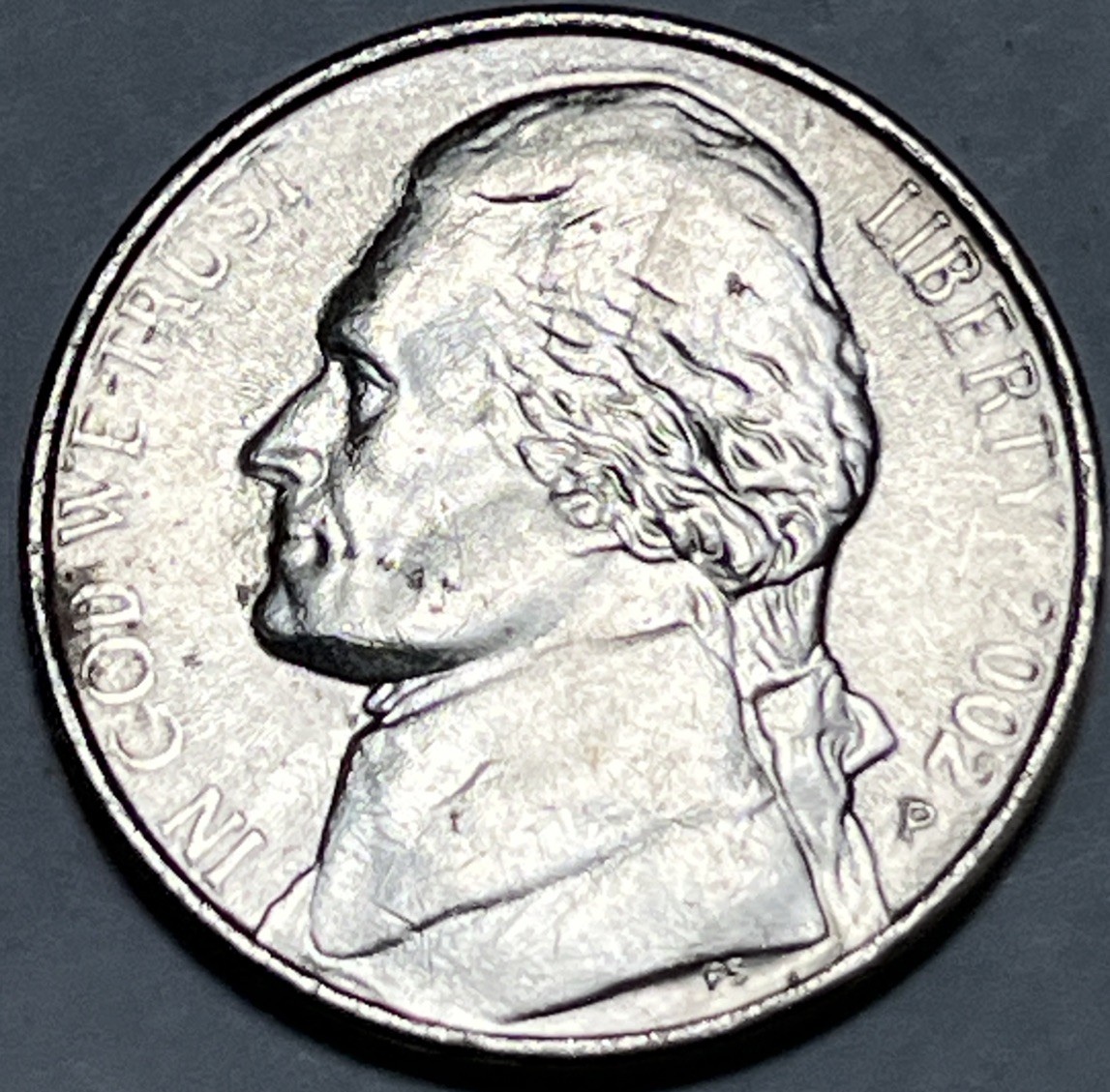 2002 P Jefferson Nickel Error Weak Strike Through Grease Faint Date & Lettering
