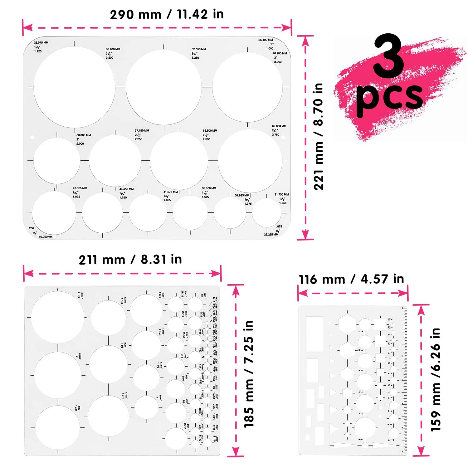 3 Pack Circle Template Round Stencil for Drafting Building Formwork Drawing