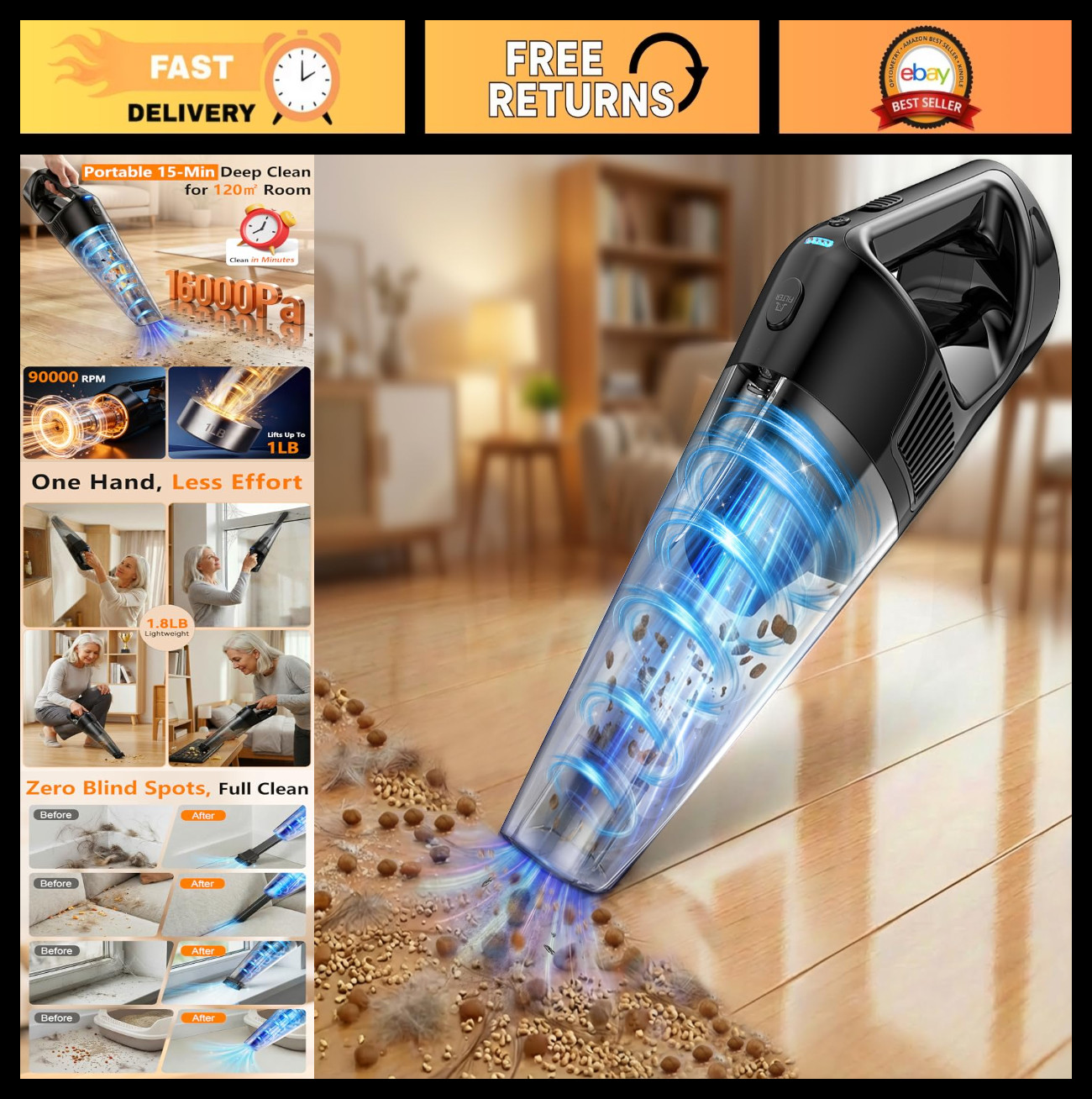 Cordless Handheld Vacuum 26000Pa Strong Suction, 15-Min Fast Clean, 1000mL Dust
