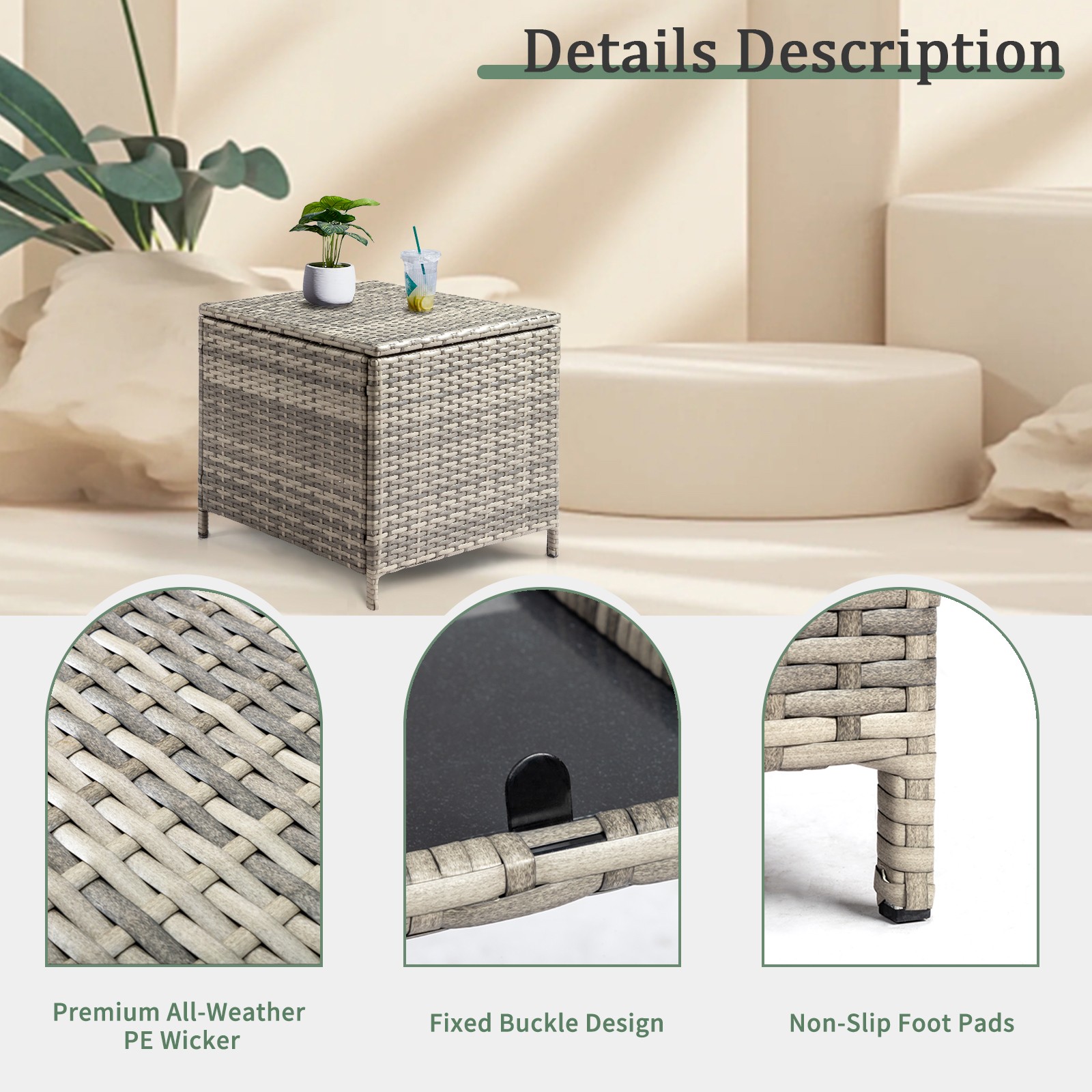 Outdoor PE Wicker Side Table with Storage, Patio Rattan End Table Square, Grey