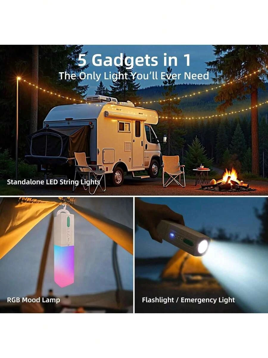 NEW Upgraded 4-In-1 Rechargeable Camping String Lights With Hook, Colorful Glow