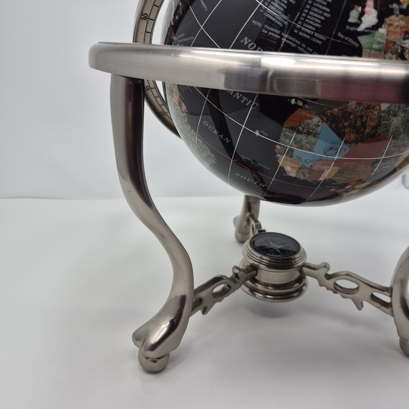 14" Black Ocean Silver 3- Leg Table Stand Gem Gemstone World MAP & Compass Globe