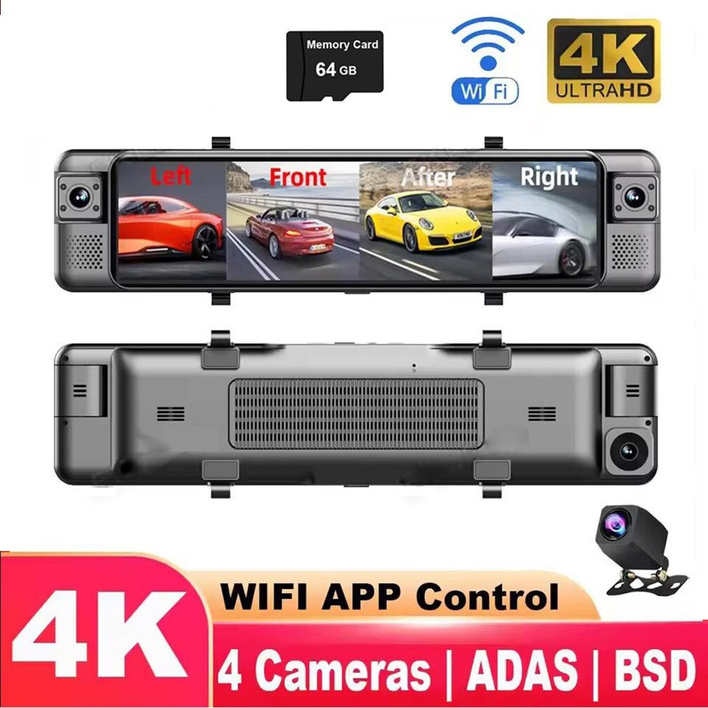 4 Channels Dash Cam 12 " 4K WIFI ADAS BSD 360 Degree Panoramic Rearview Mirror