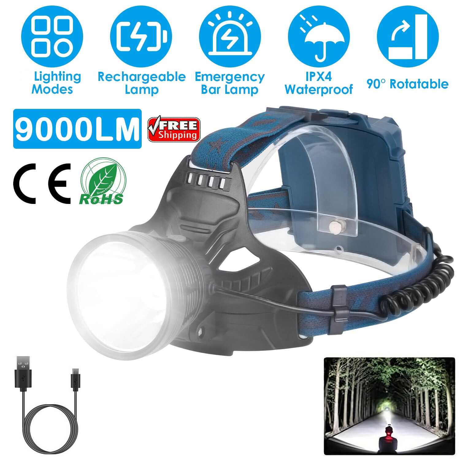 P70 LED Headlamp USB Rechargeable Headlights Head Torch Lamps Flashlight 4 Modes