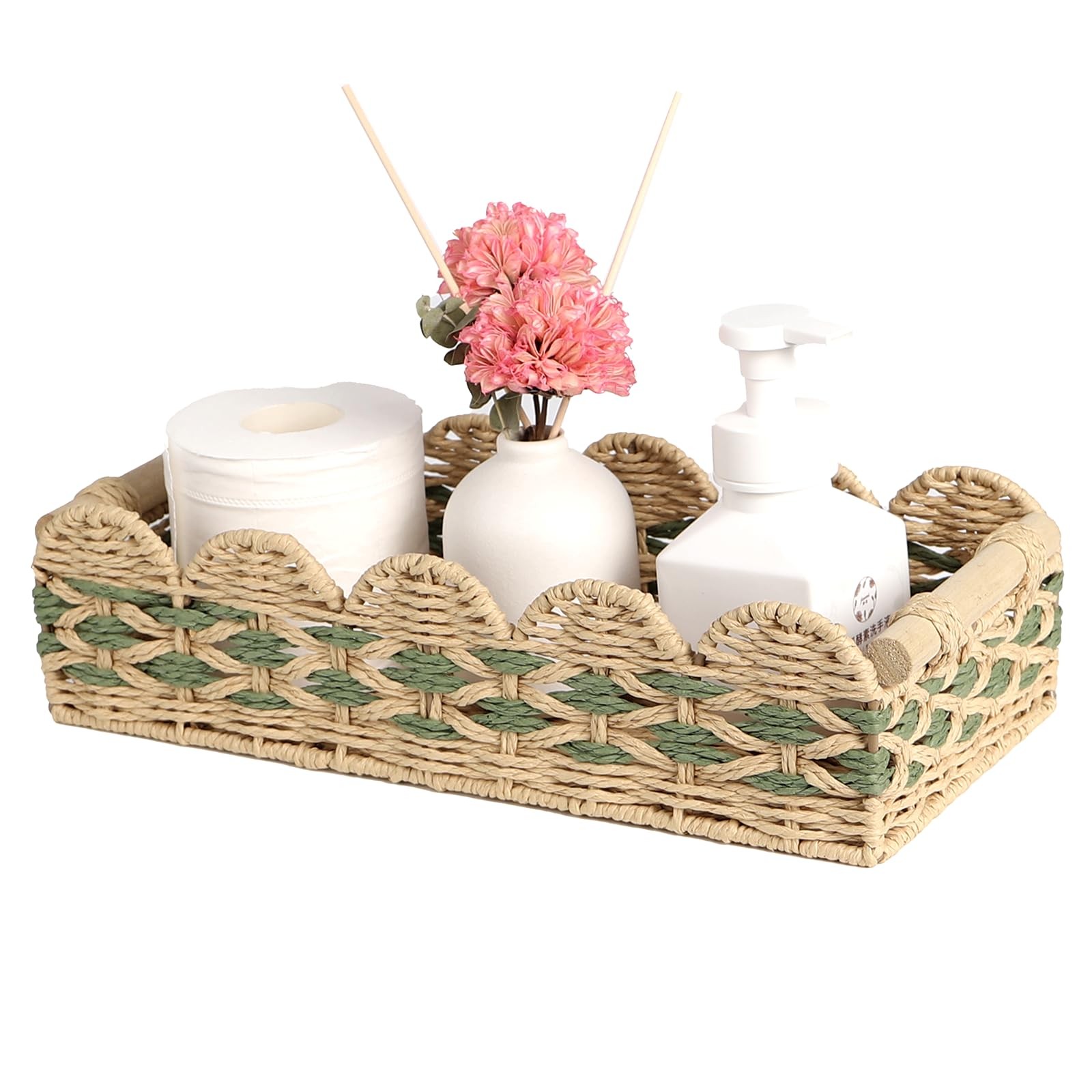 Scalloped Toilet Paper Basket: Handwoven Wicker Tank Topper Organizer for Far...