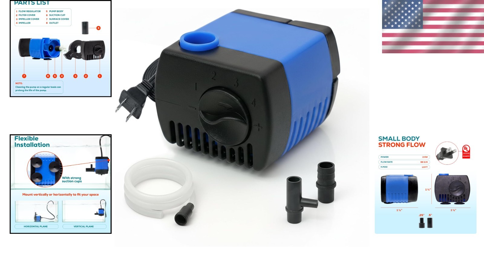 Nano Submersible Pump with Adjustable Flow - 66 GPH for Aquariums & Hydroponics