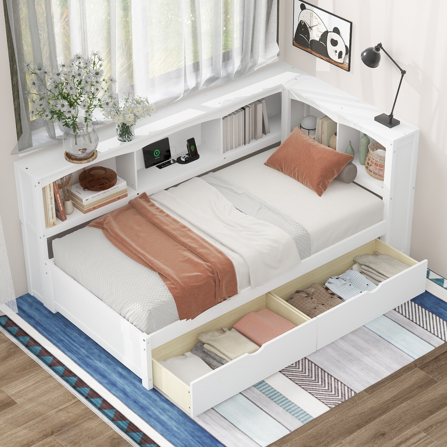 Twin Daybed Wood Bed Frame Sofa Bed w/ 2 Drawers & Storage Cabinets & USB Ports