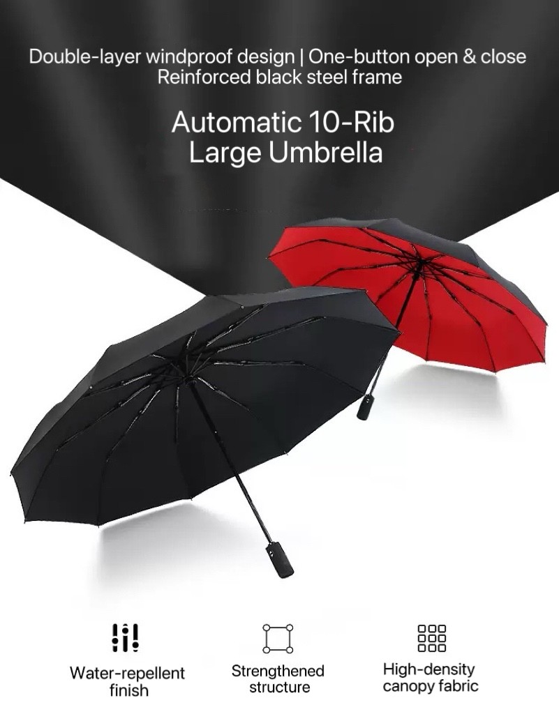 Premium Windproof Auto Umbrella, 10-Rib Dual-Layer Folding – 7 Colors Design