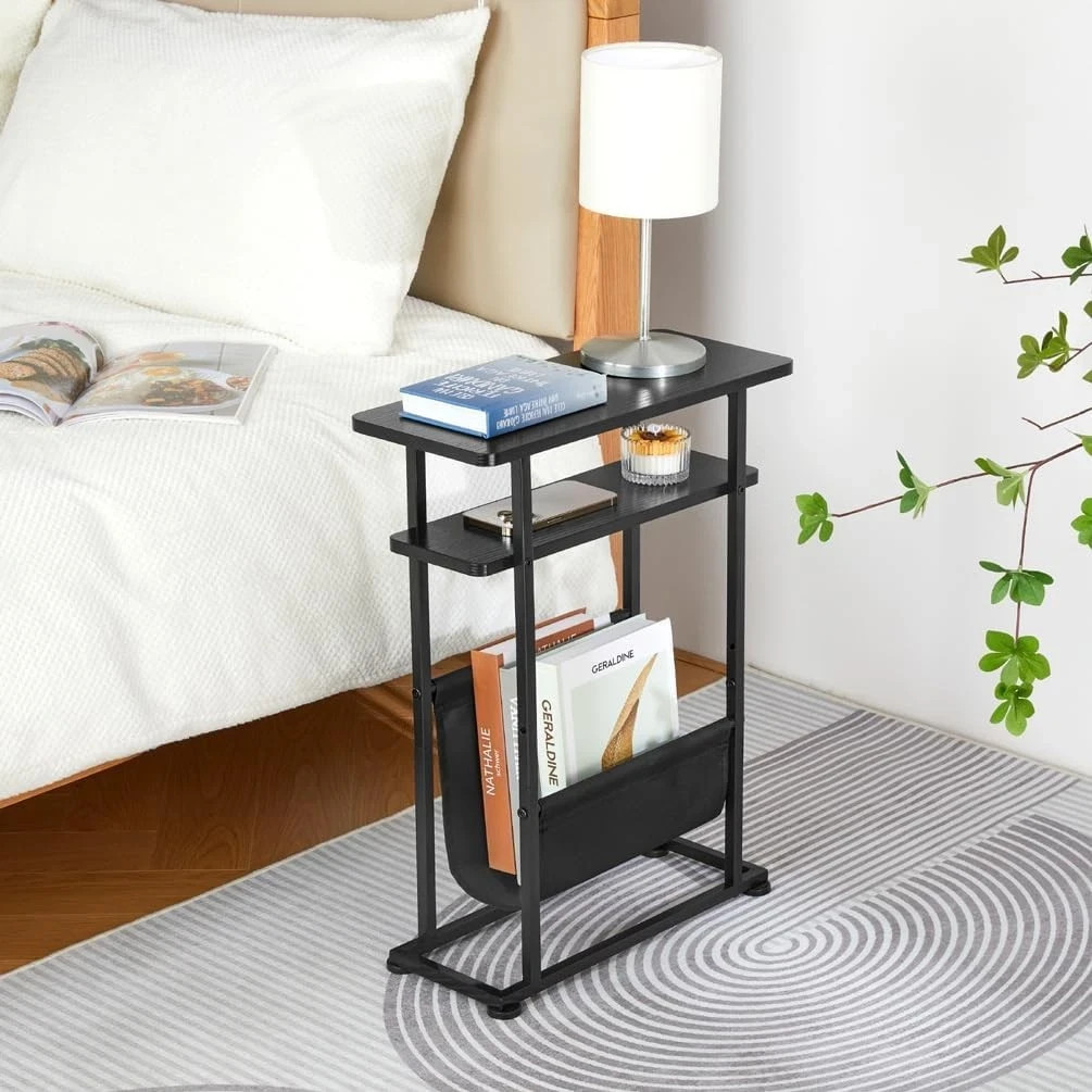 Narrow Small Side Table for Spaces - Slim End with Magazine Black