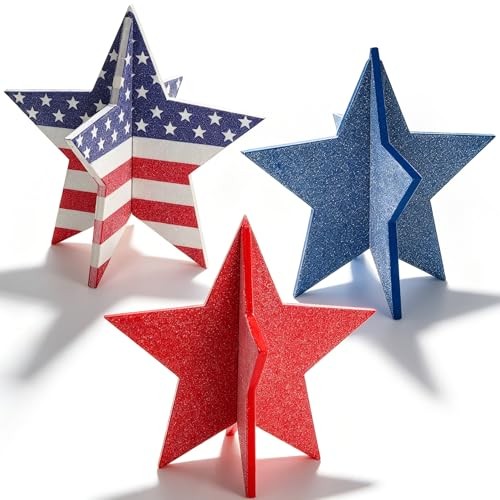 4th of July Wooden Star Signs, 3D Red White Blue Star Table Decor Glitter