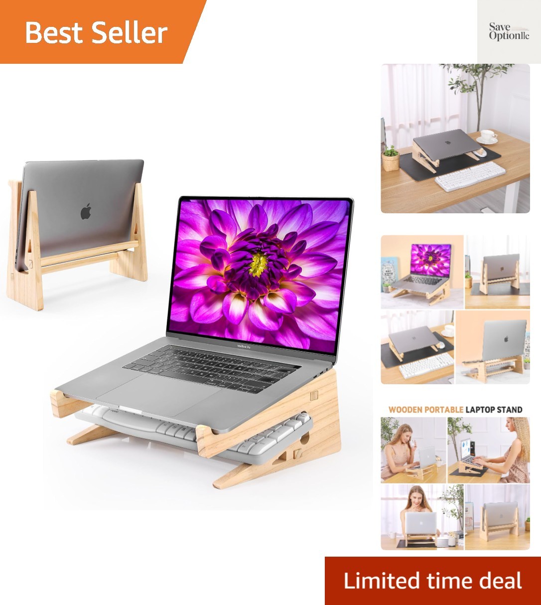 Ergonomic Wooden Laptop Stand with Keyboard Storage - 13-17 Inch Compatibility