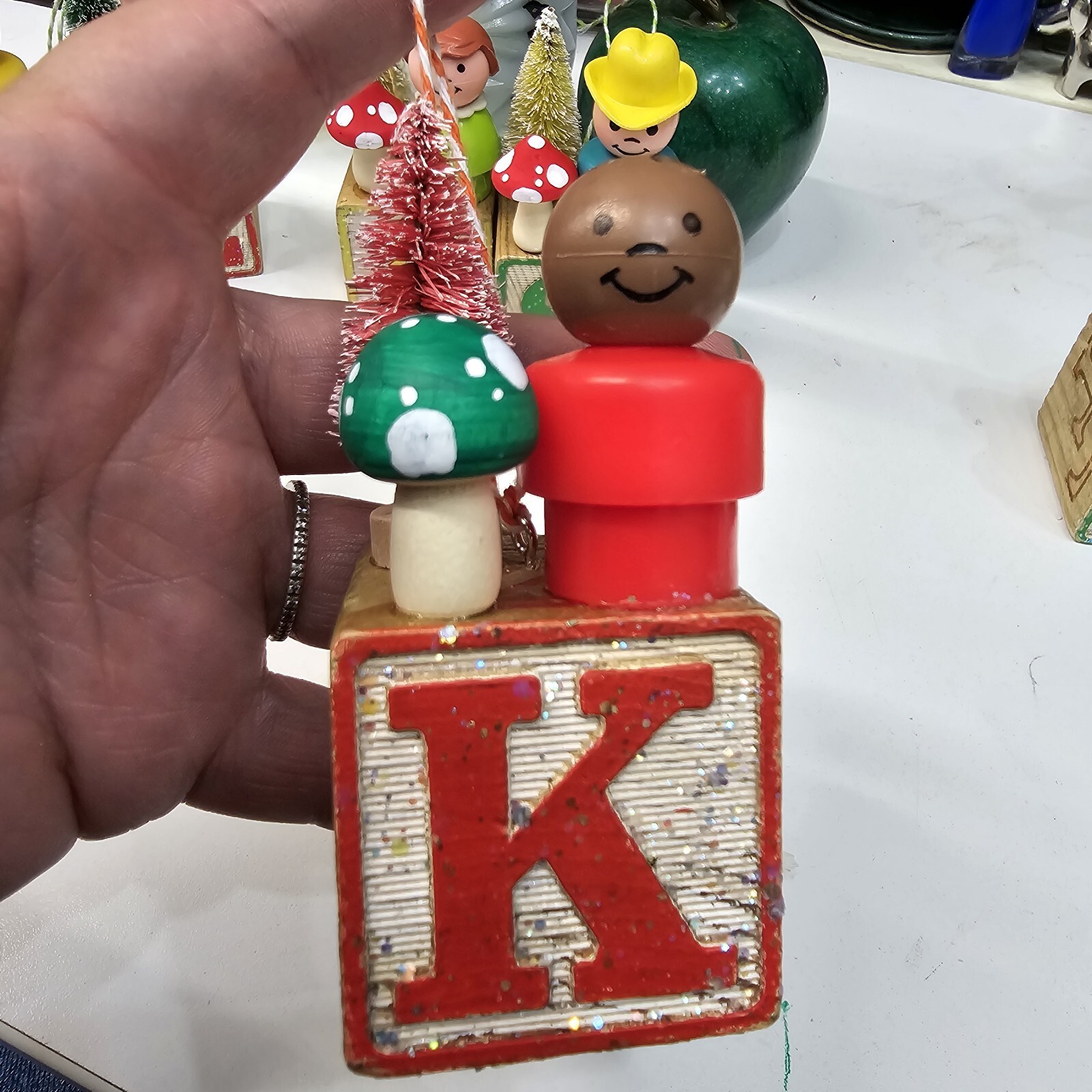 Vintage building block  Fisher Price Little People Christmas Ornament Letter K