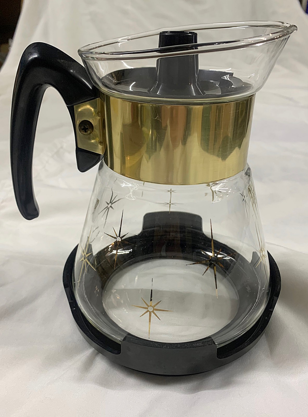 VTG ATOMIC STARBURST CORNING GLASS 4 CUP COFFEE CARAFE W/TRIVET HEAT PROOF MCM